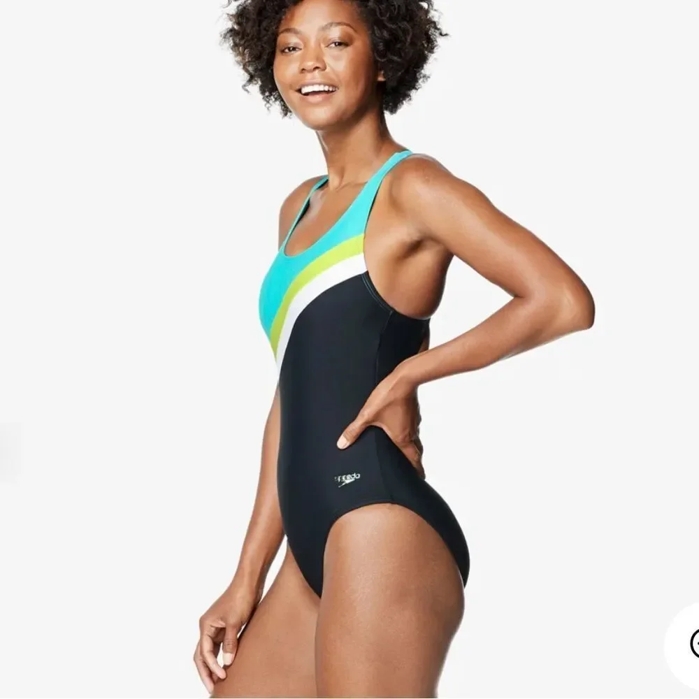 SPEEDO Women's Size 6 Active Diagonal Colorblock One Piece Swimsuit black green‎